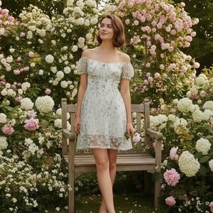 Princess Polly Cottagecore Dress Womens 2 White Green Floral Embroidered Mesh